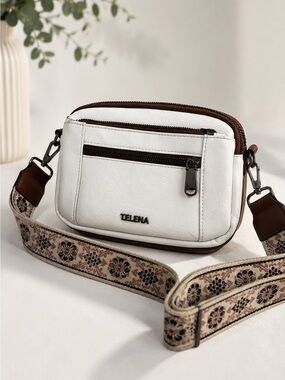 Telena White & Brown Crossbody with Patterned Strap